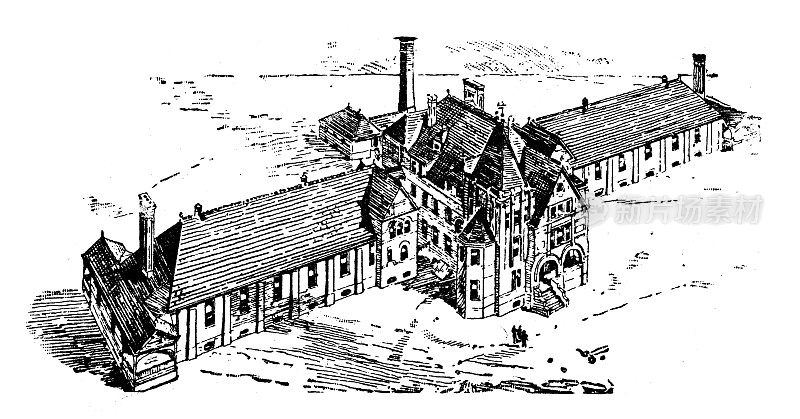 美国，宾夕法尼亚地标和公司的古董插图:Hazelton, Miner’s Hospital